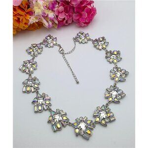 Aurora Borealis Crystal Floral Beaded Necklace 20" Adj. Silver Tone Art Deco